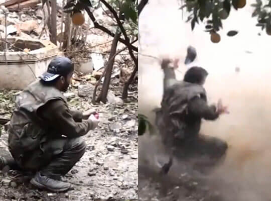 【グロ動画】手に持った手榴弾　兵士が木っ端微塵に吹き飛ぶ瞬間